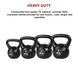Set of four black kettlebells with weight markings on a white background