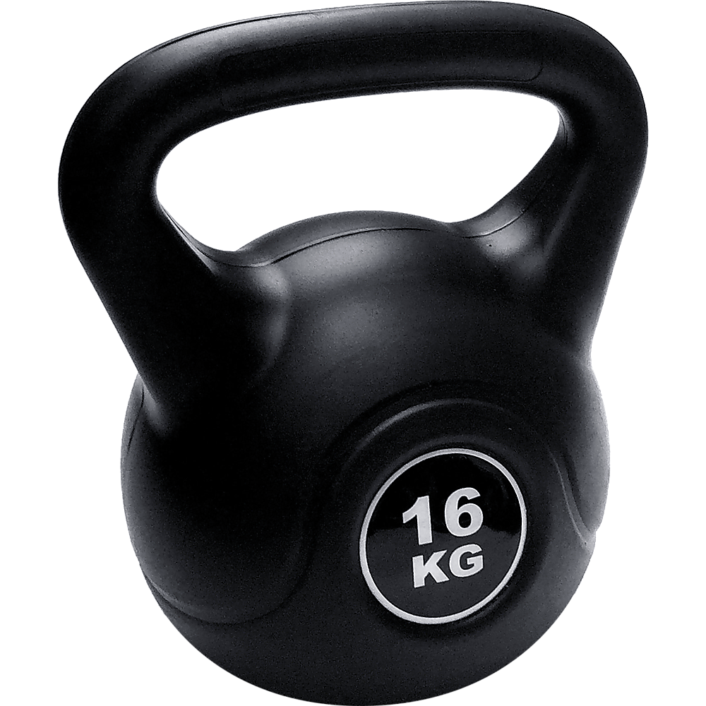 Black kettlebell with '16 KG' marking on a white background