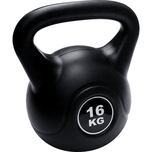 Black kettlebell with '16 KG' marking on a white background