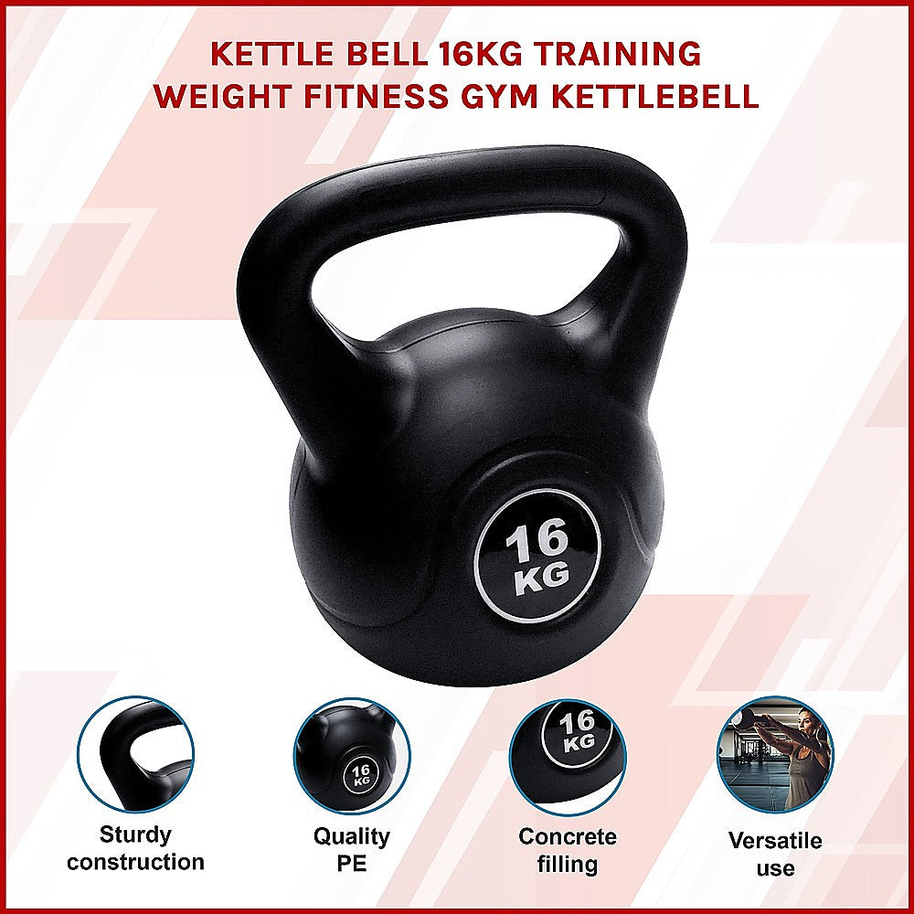Black kettlebell with '16 KG' marking on a light pink background