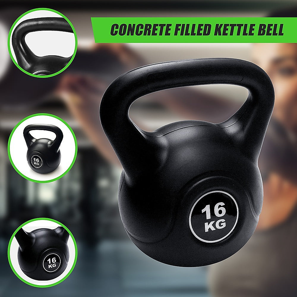 16 kg concrete filled kettlebell with close-up insets on a blurred gym background