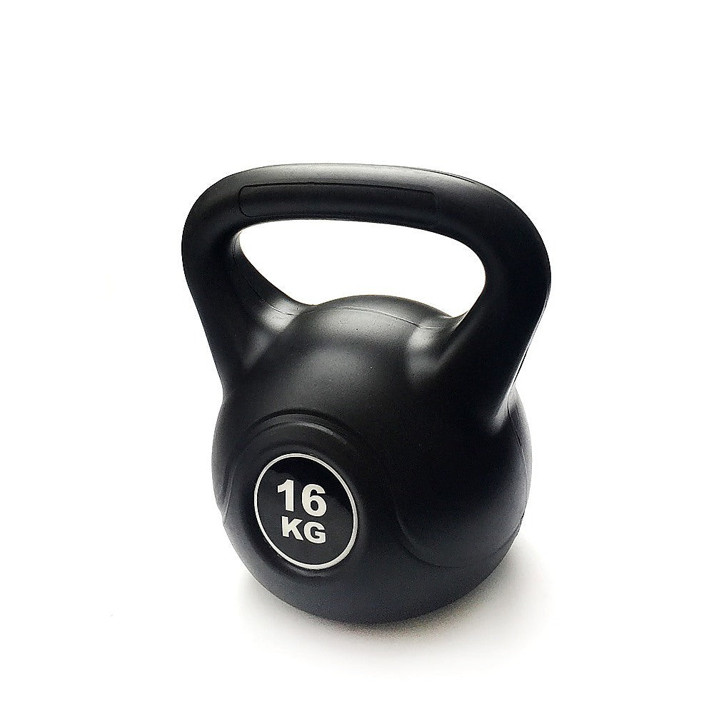 Black kettlebell with '16 KG' marking on a white background