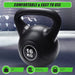 Black kettlebell with '16 KG' marking on a blurred gym background