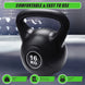 Black kettlebell with '16 KG' marking on a blurred gym background