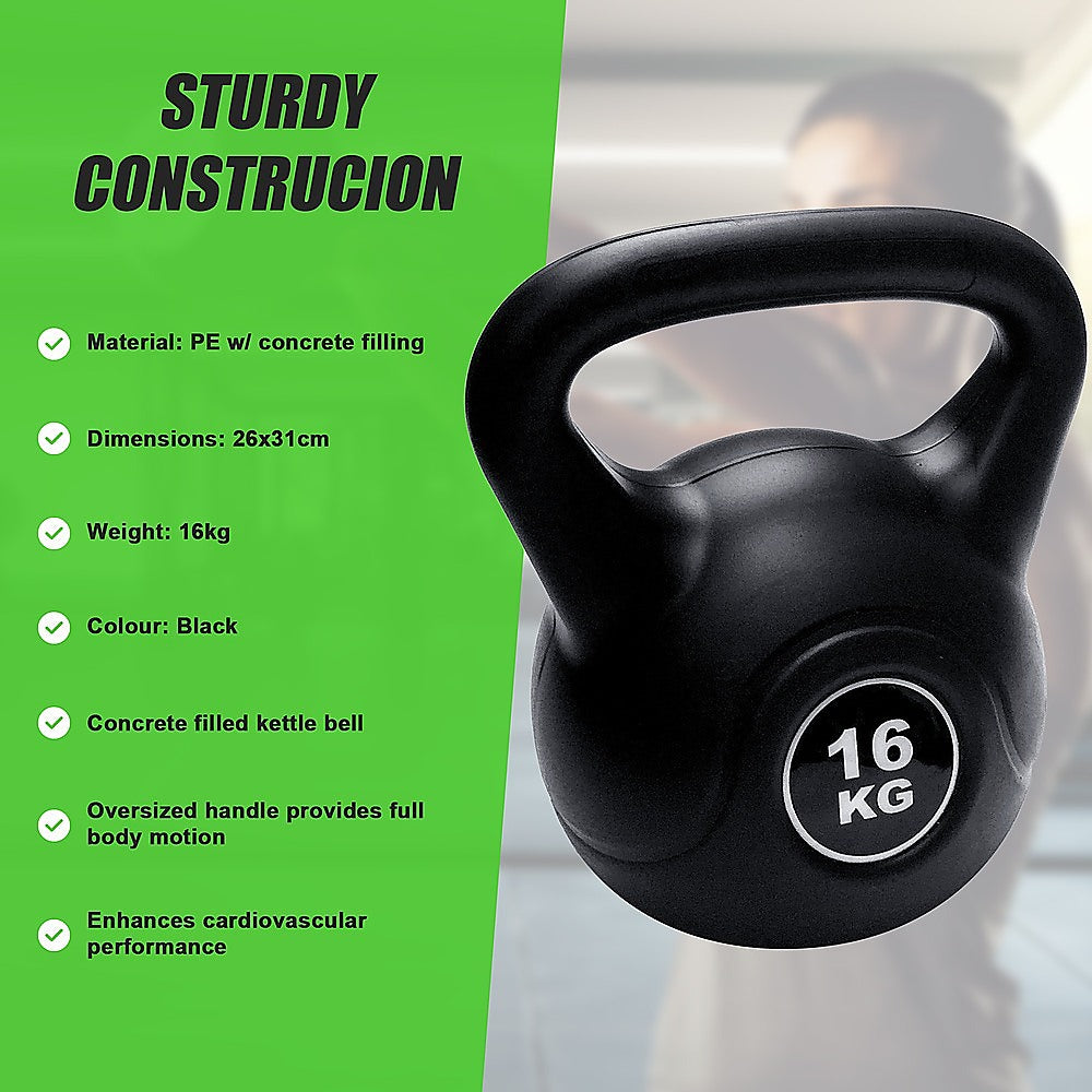 Black kettlebell with weight marking on a green background with text about construction and features.