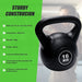 Black kettlebell with weight marking on a green background with text about construction and features.