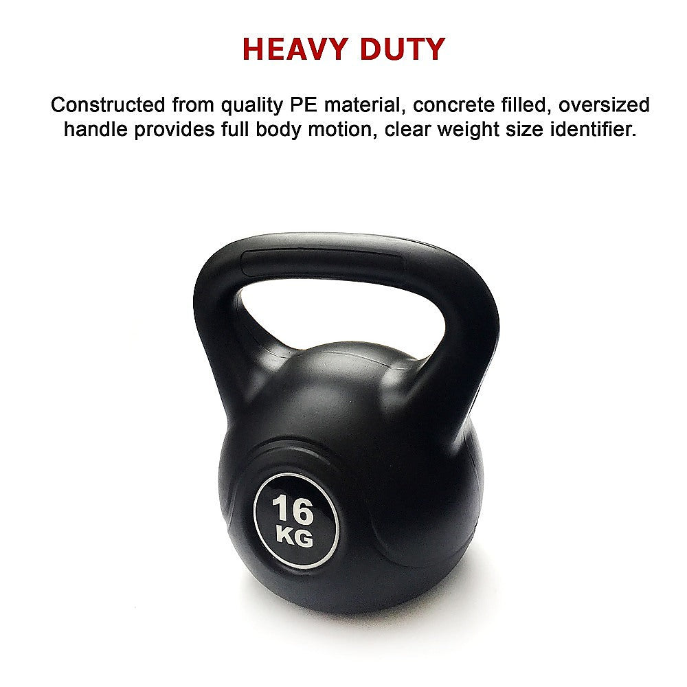 Black kettlebell with '16 KG' marking on a white background, featuring text about its construction and features.