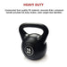 Black kettlebell with '16 KG' marking on a white background, featuring text about its construction and features.