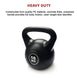 Black kettlebell with '16 KG' marking on a white background, featuring text about its construction and features.
