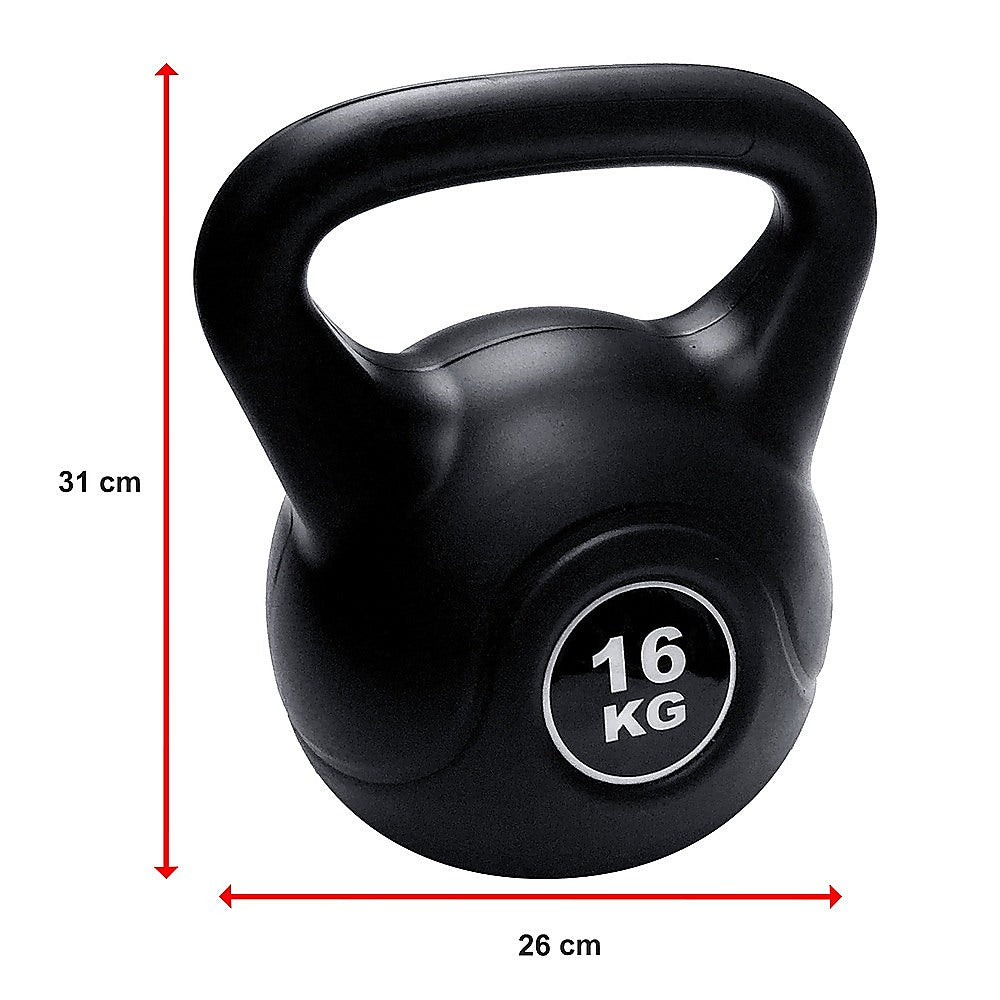Black kettlebell with measurement details on a white background