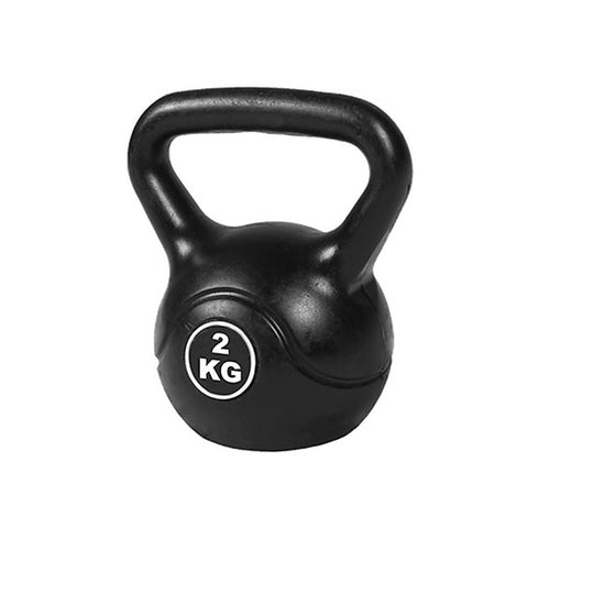 Black kettlebell with a '2 KG' label on a white background