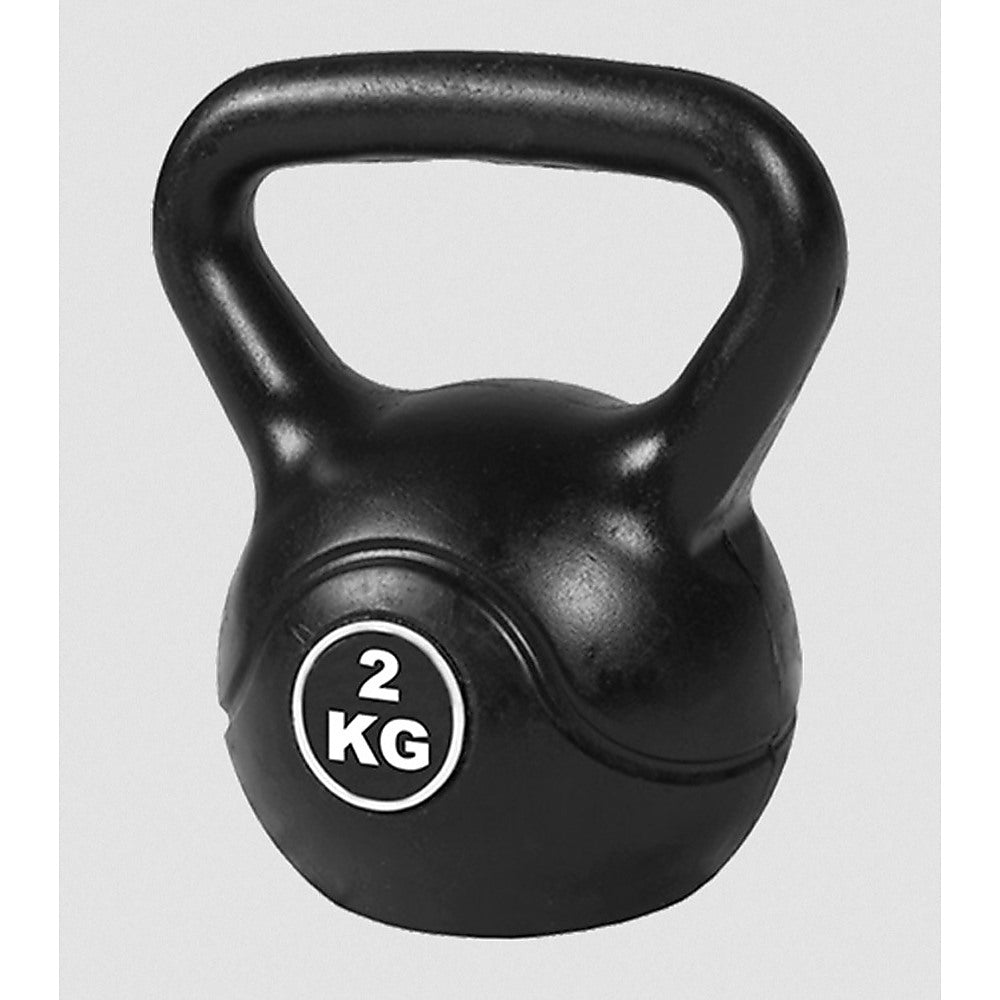 Black kettlebell with a '2 KG' label on a light gray background