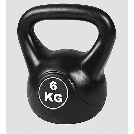Black kettlebell with '6 KG' label on a white background