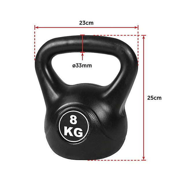 Black kettlebell with dimensions labeled on a white background