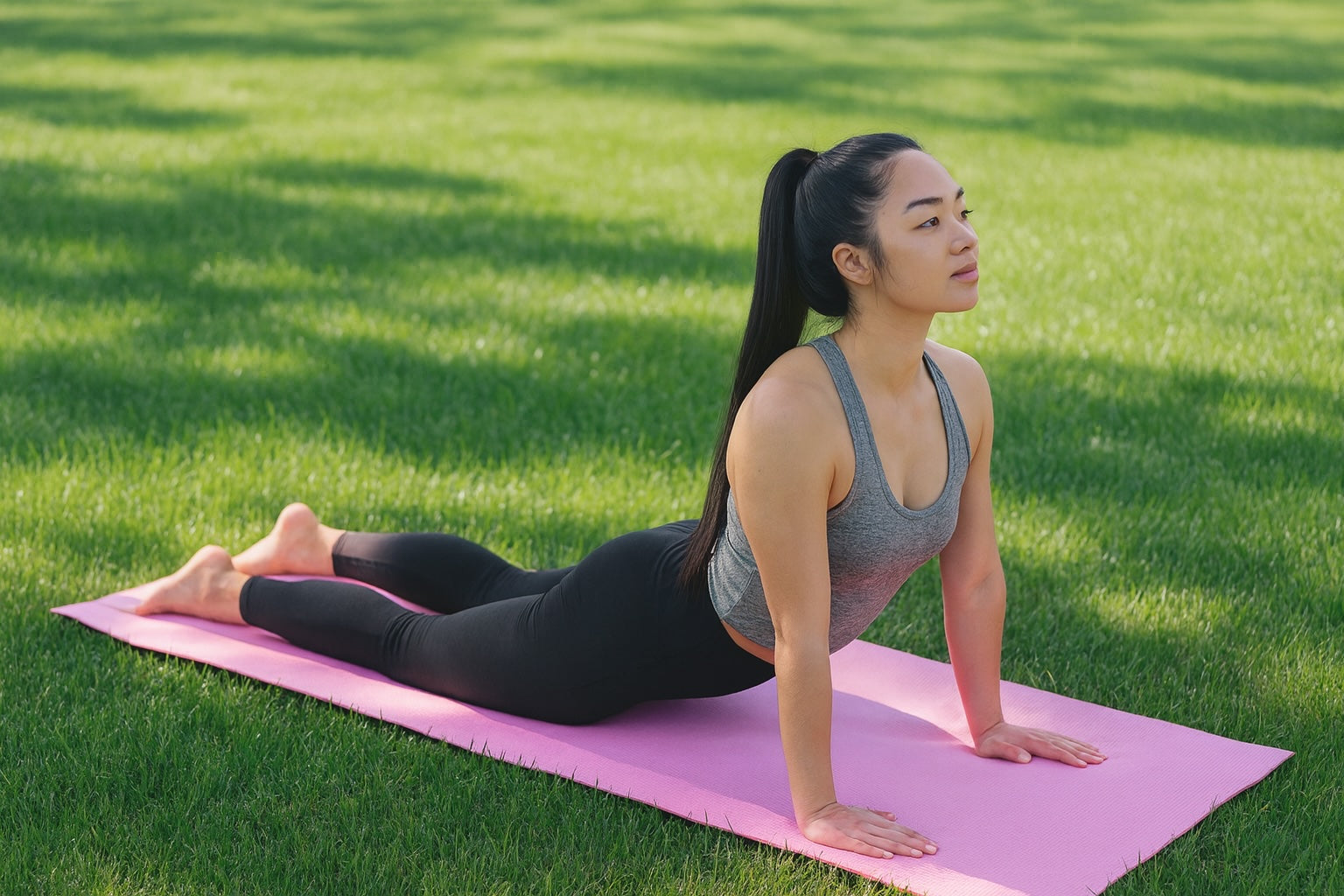Woman practicing yoga on a pink mat in a grassy area